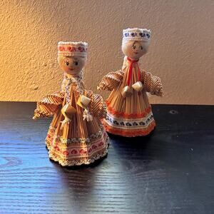 Vintage Swedish Straw Angel Tree Topper – MCM Girl with Braids – Handmade Kitsch